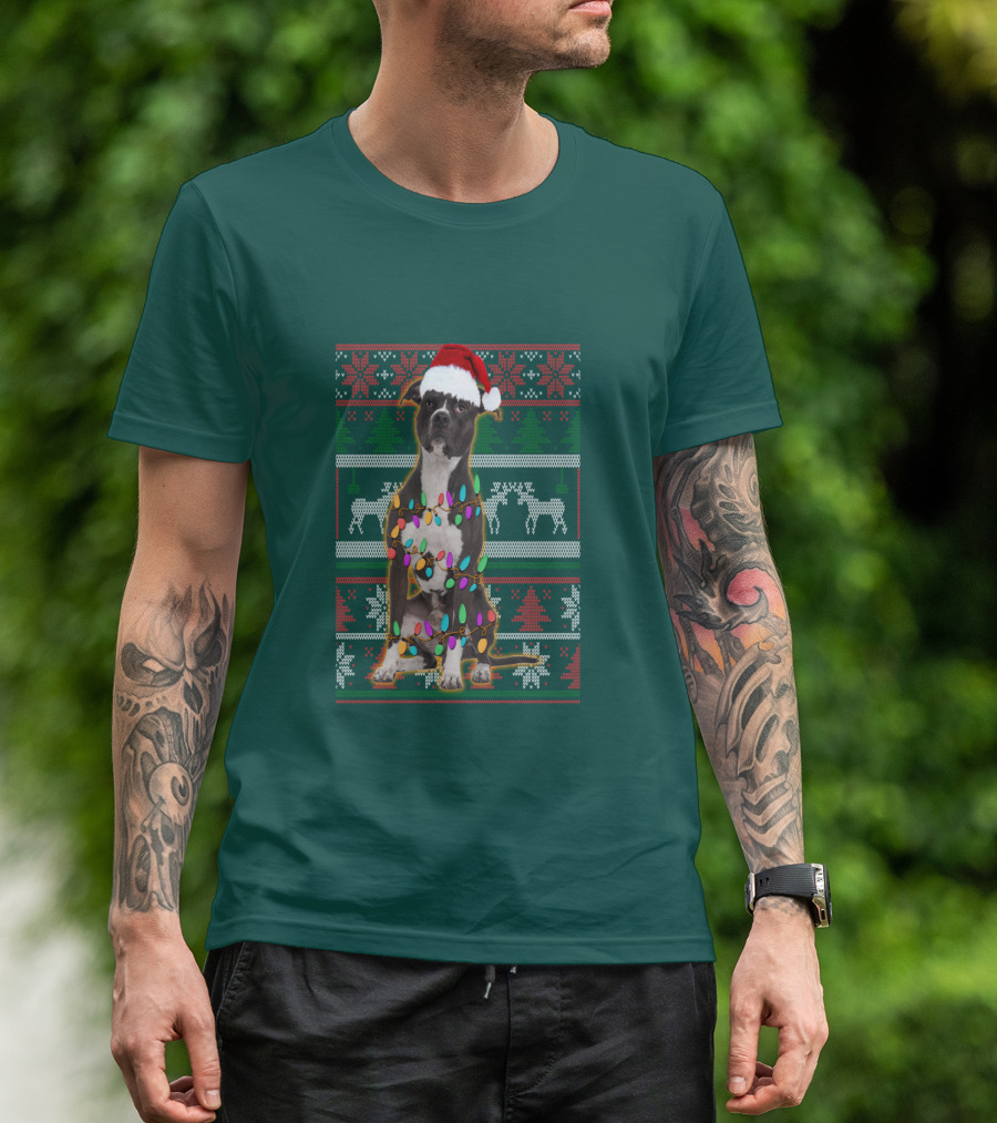 Pitbull Christmas Sweater With Santa Hat And Holiday Lights T-Shirt