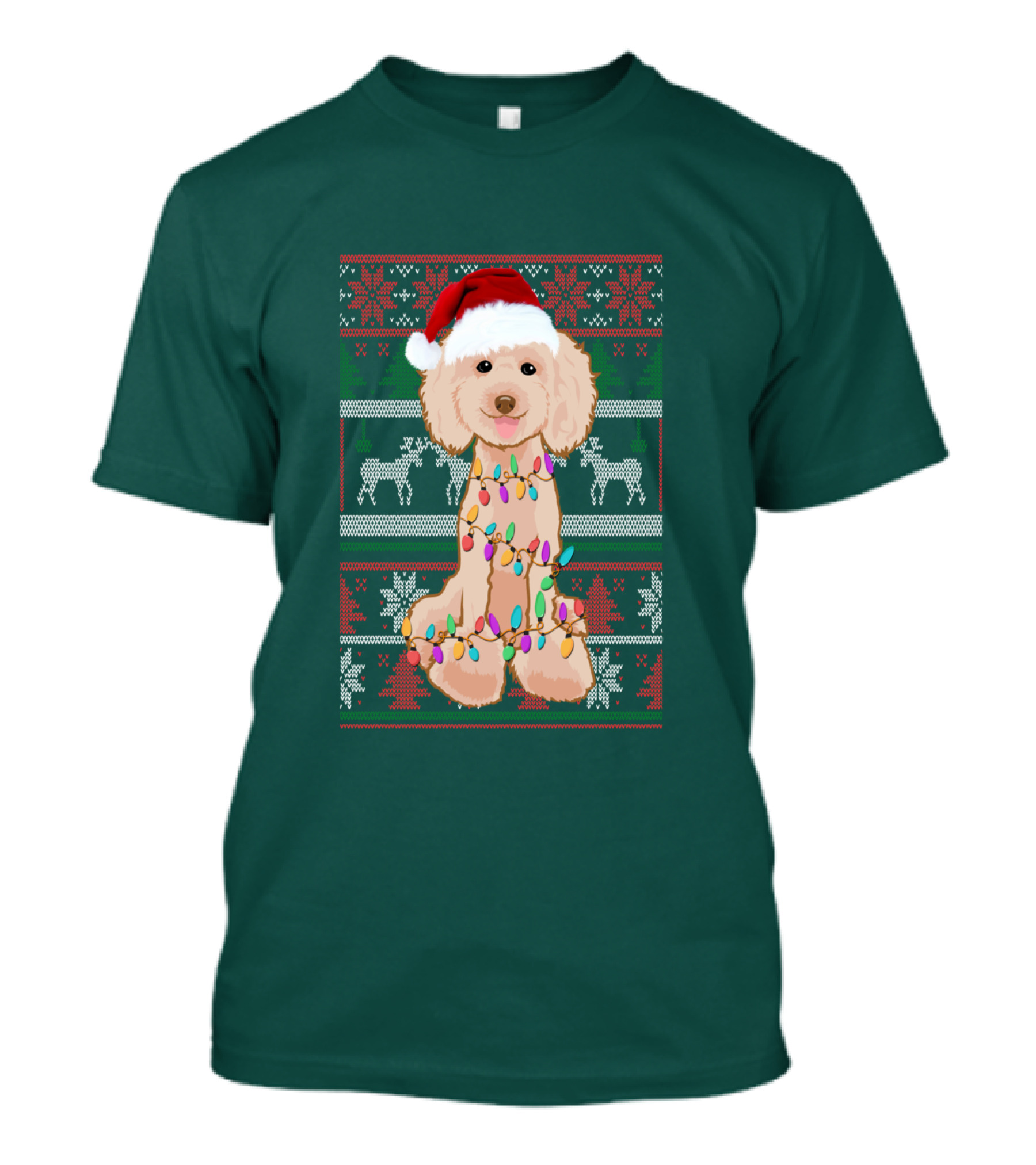 Poodle Santa Hat Christmas Lights Ugly Sweater Reindeer Snowflakes T-Shirt