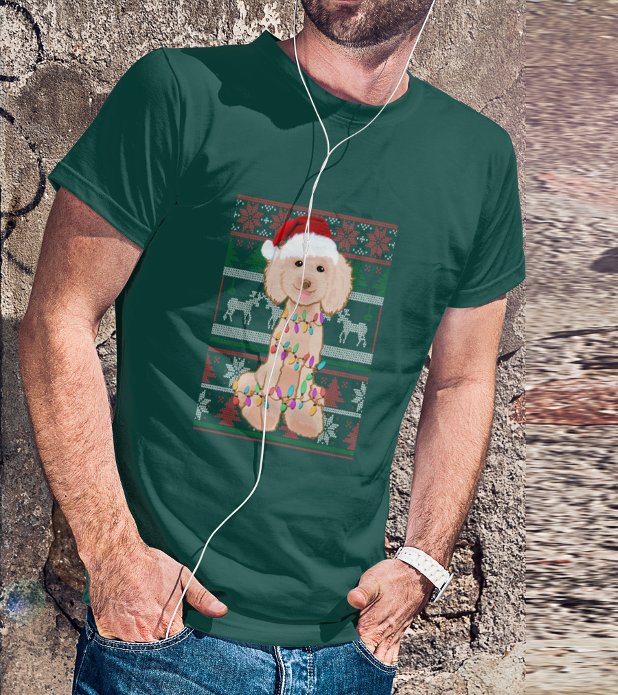 Poodle Santa Hat Christmas Lights Ugly Sweater Reindeer Snowflakes T-Shirt