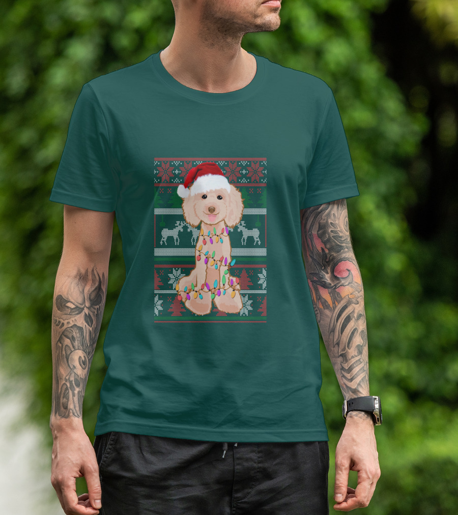 Poodle Santa Hat Christmas Lights Ugly Sweater Reindeer Snowflakes T-Shirt