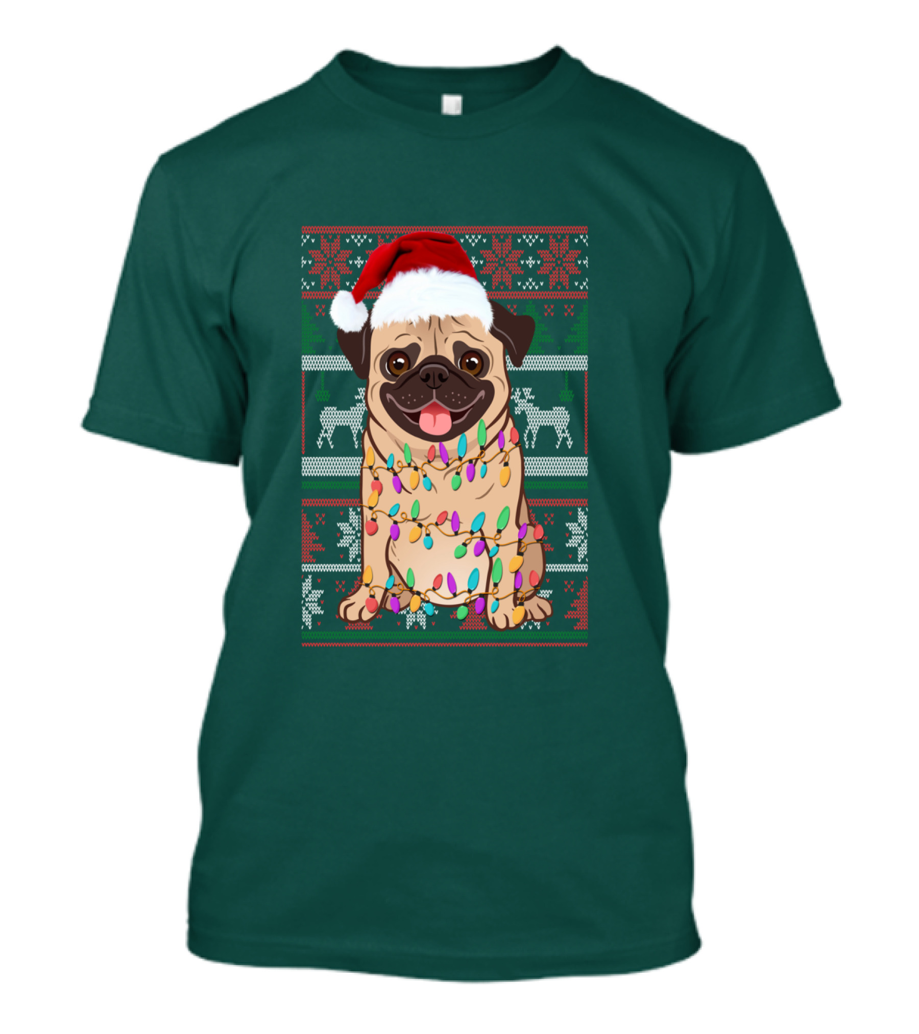 Pug Christmas Santa Hat Holiday Lights Sweater Reindeer T-Shirt