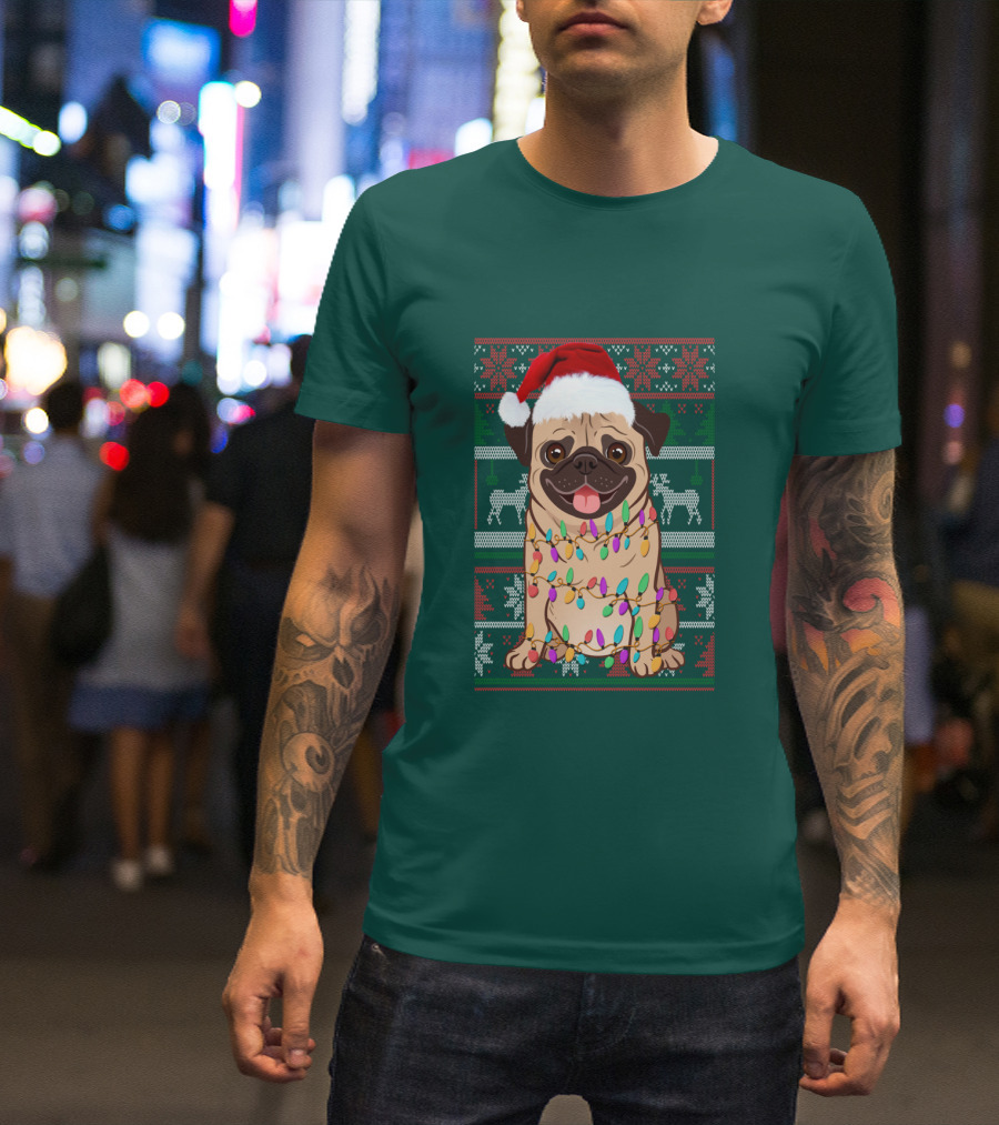 Pug Christmas Santa Hat Holiday Lights Sweater Reindeer T-Shirt
