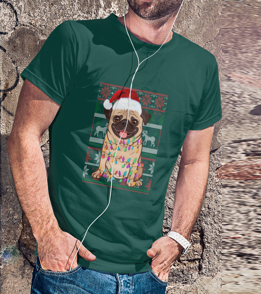 Pug Christmas Santa Hat Holiday Lights Sweater Reindeer T-Shirt