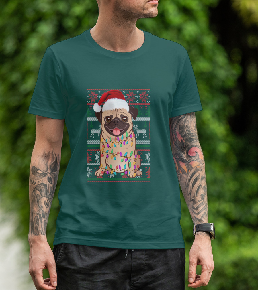 Pug Christmas Santa Hat Holiday Lights Sweater Reindeer T-Shirt