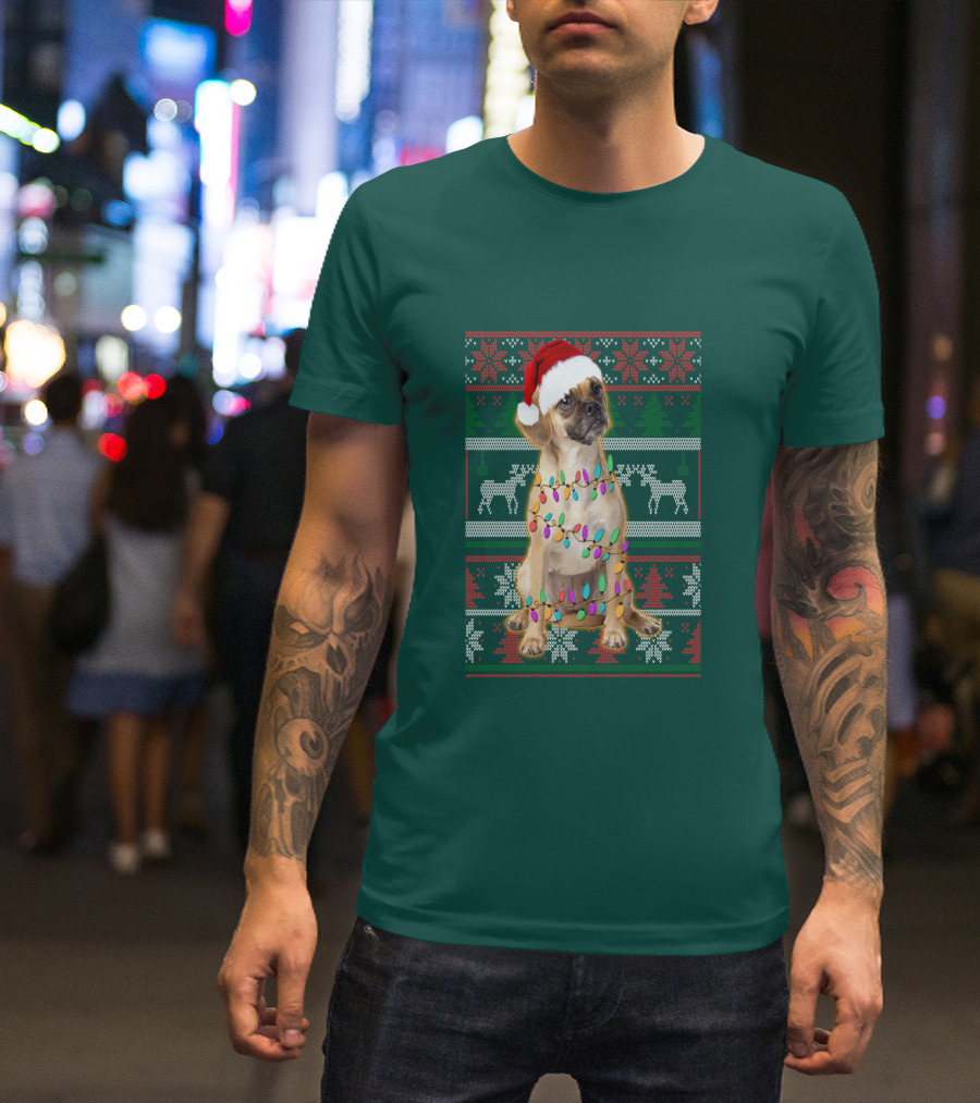 Puggle Christmas Santa Hat With Holiday Lights T-Shirt