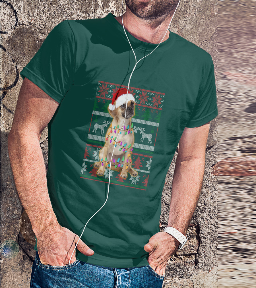 Puggle Christmas Santa Hat With Holiday Lights T-Shirt