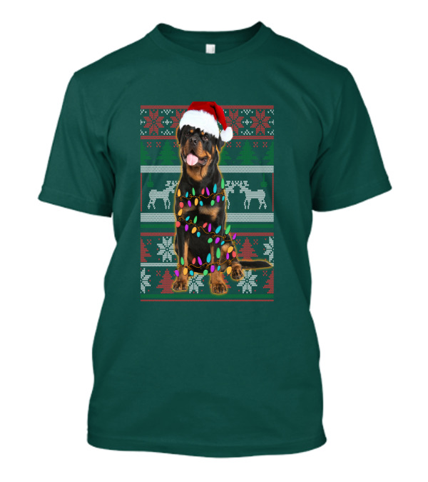 Rottweiler Christmas Lights Ugly Sweater Santa Hat Reindeer Snowflakes T-Shirt