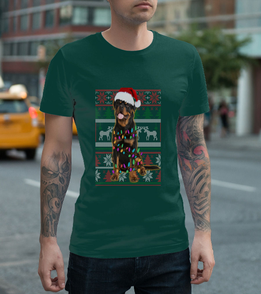 Rottweiler Christmas Lights Ugly Sweater Santa Hat Reindeer Snowflakes T-Shirt