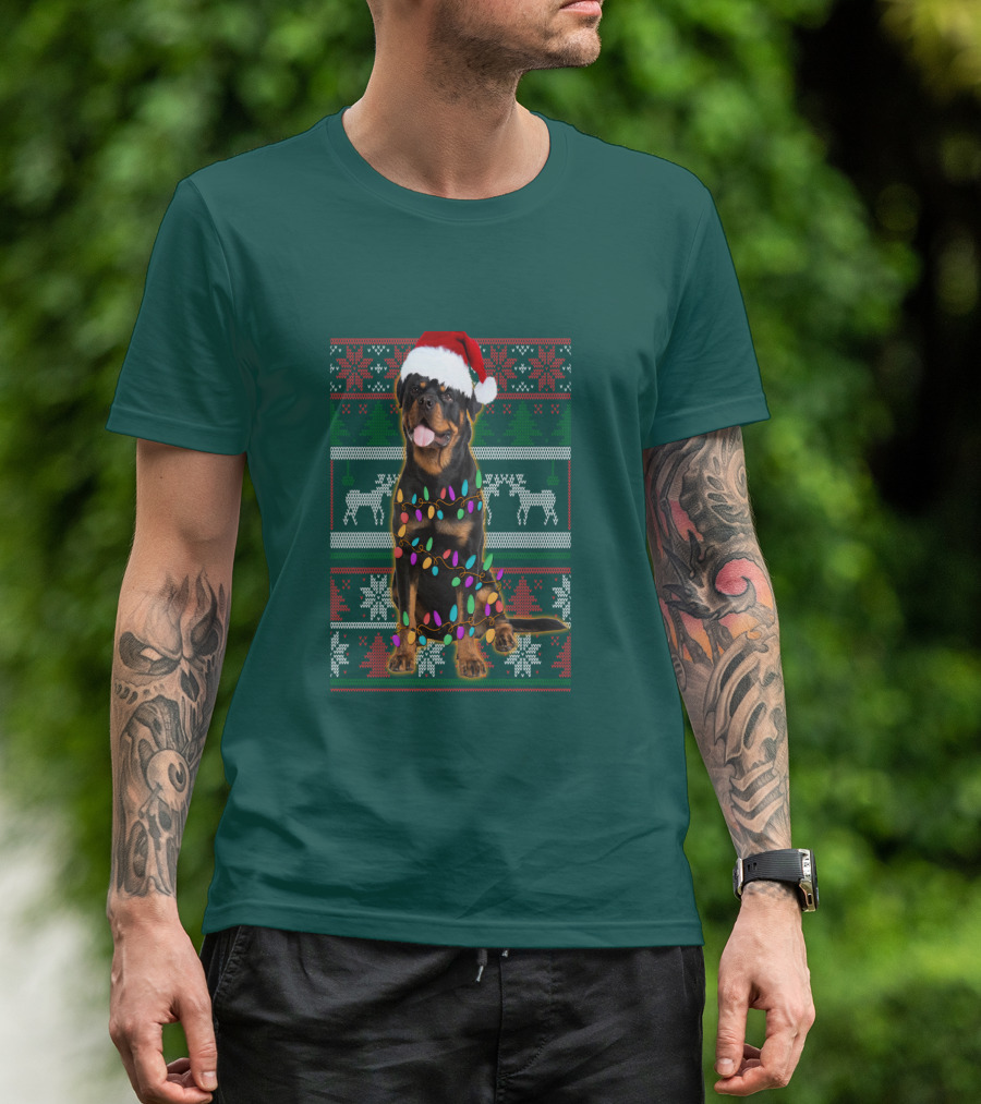Rottweiler Christmas Lights Ugly Sweater Santa Hat Reindeer Snowflakes T-Shirt