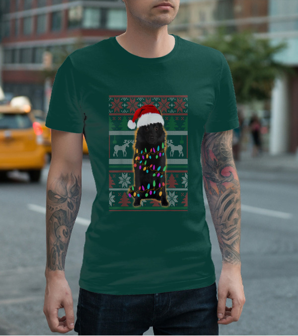 Schipperke Santa Hat Festive Christmas Lights Ugly T-Shirt