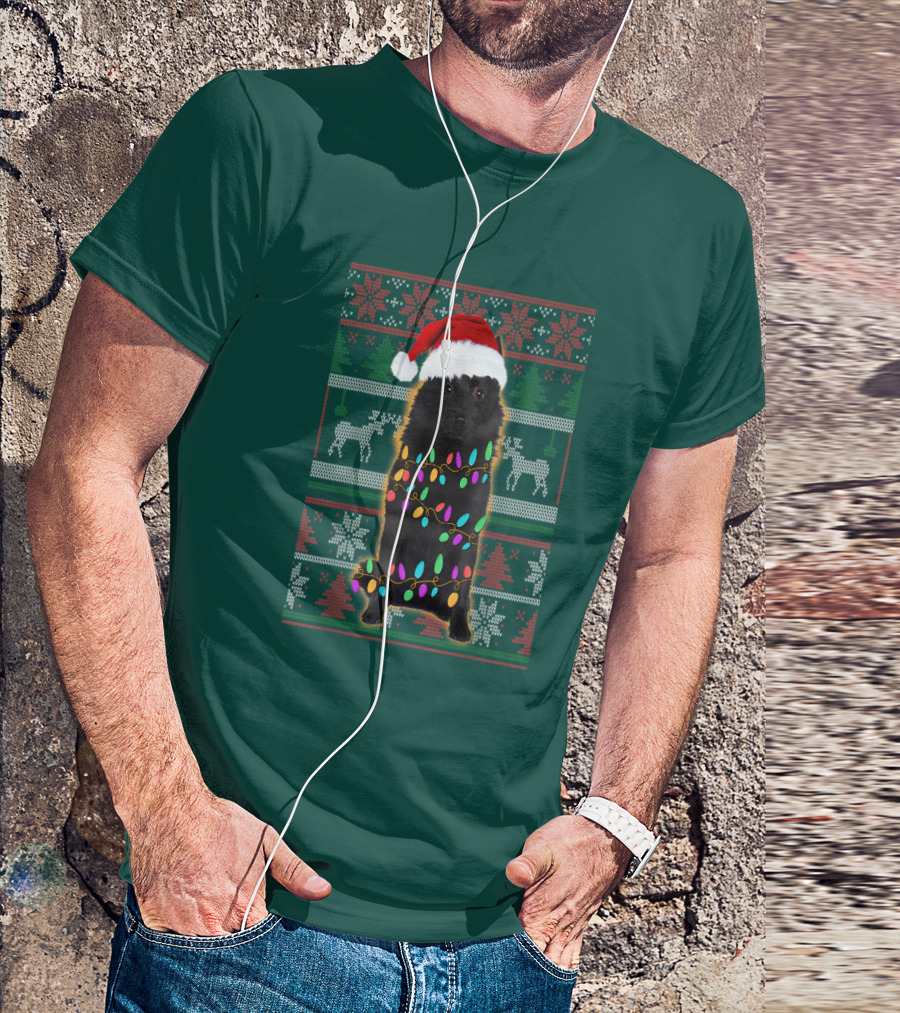Schipperke Santa Hat Festive Christmas Lights Ugly T-Shirt