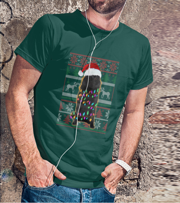 Schipperke Santa Hat Festive Christmas Lights Ugly T-Shirt