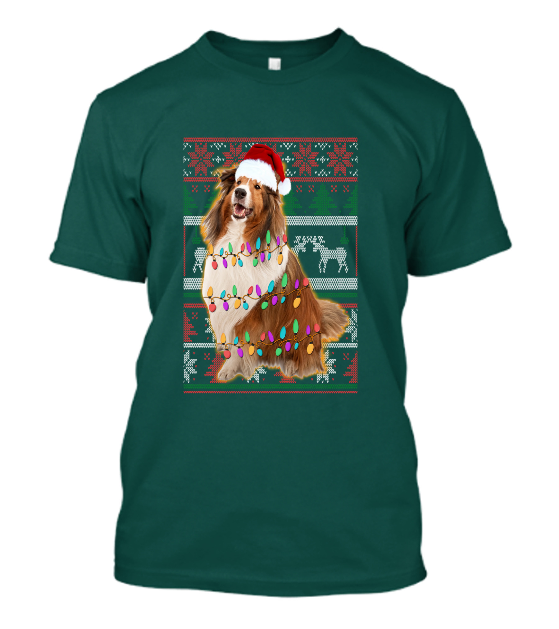 Shetland Sheepdog Christmas Lights Sweater Santa Hat Holiday Festive T-Shirt