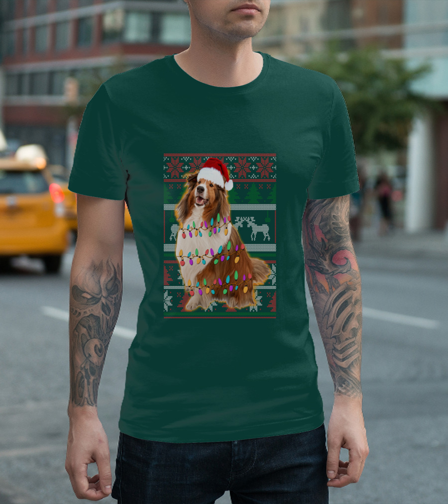 Shetland Sheepdog Christmas Lights Sweater Santa Hat Holiday Festive T-Shirt