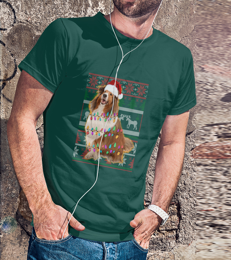 Shetland Sheepdog Christmas Lights Sweater Santa Hat Holiday Festive T-Shirt