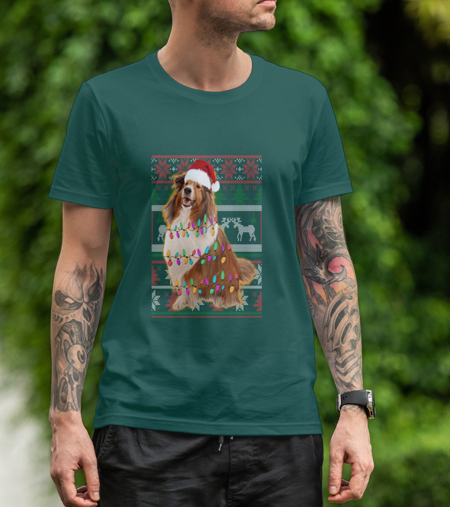 Shetland Sheepdog Christmas Lights Sweater Santa Hat Holiday Festive T-Shirt