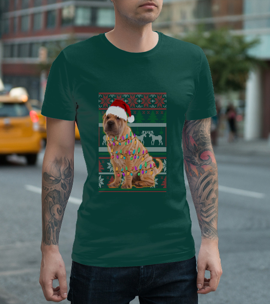 Shar Pei Christmas Lights Santa Hat Puppy T-Shirt