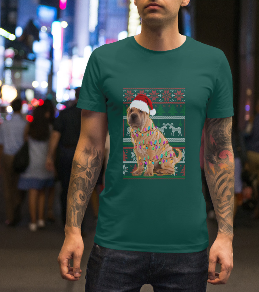 Shar Pei Christmas Lights Santa Hat Puppy T-Shirt
