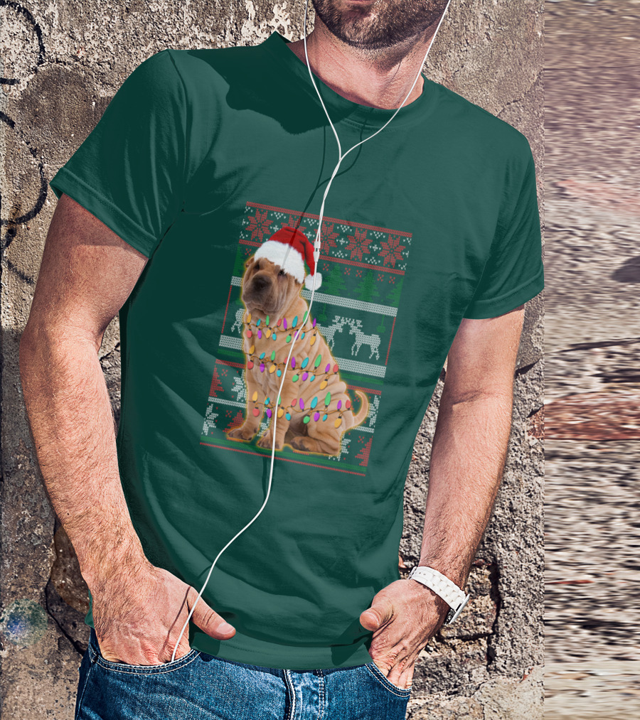 Shar Pei Christmas Lights Santa Hat Puppy T-Shirt