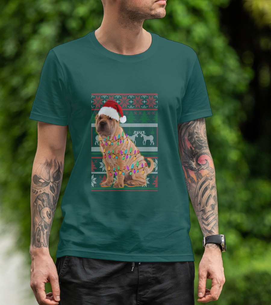 Shar Pei Christmas Lights Santa Hat Puppy T-Shirt
