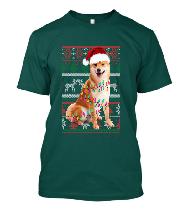 Shiba Inu Christmas Sweater Lights Santa Hat T-Shirt