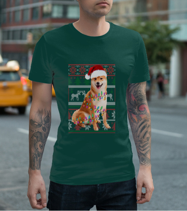 Shiba Inu Christmas Sweater Lights Santa Hat T-Shirt