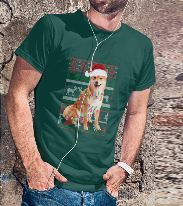 Shiba Inu Christmas Sweater Lights Santa Hat T-Shirt