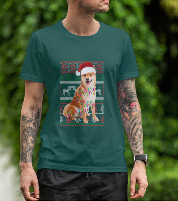 Shiba Inu Christmas Sweater Lights Santa Hat T-Shirt