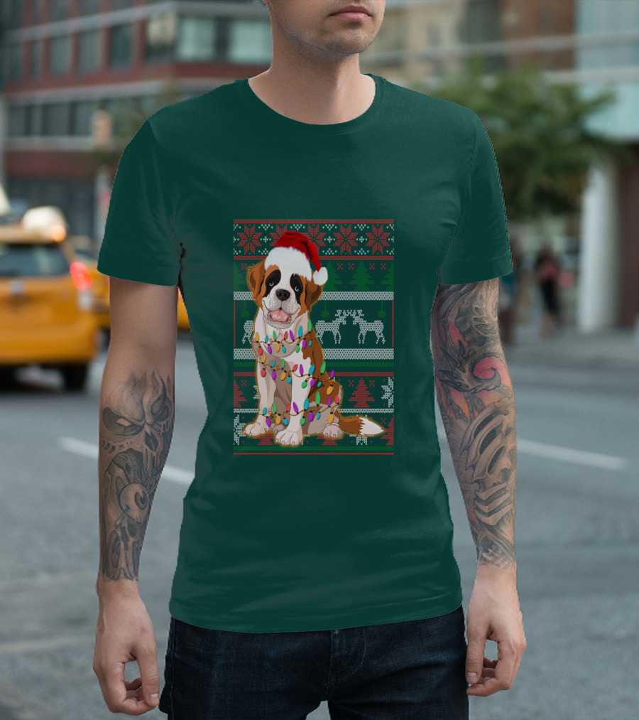 St Bernard Christmas Lights Ugly T-Shirt