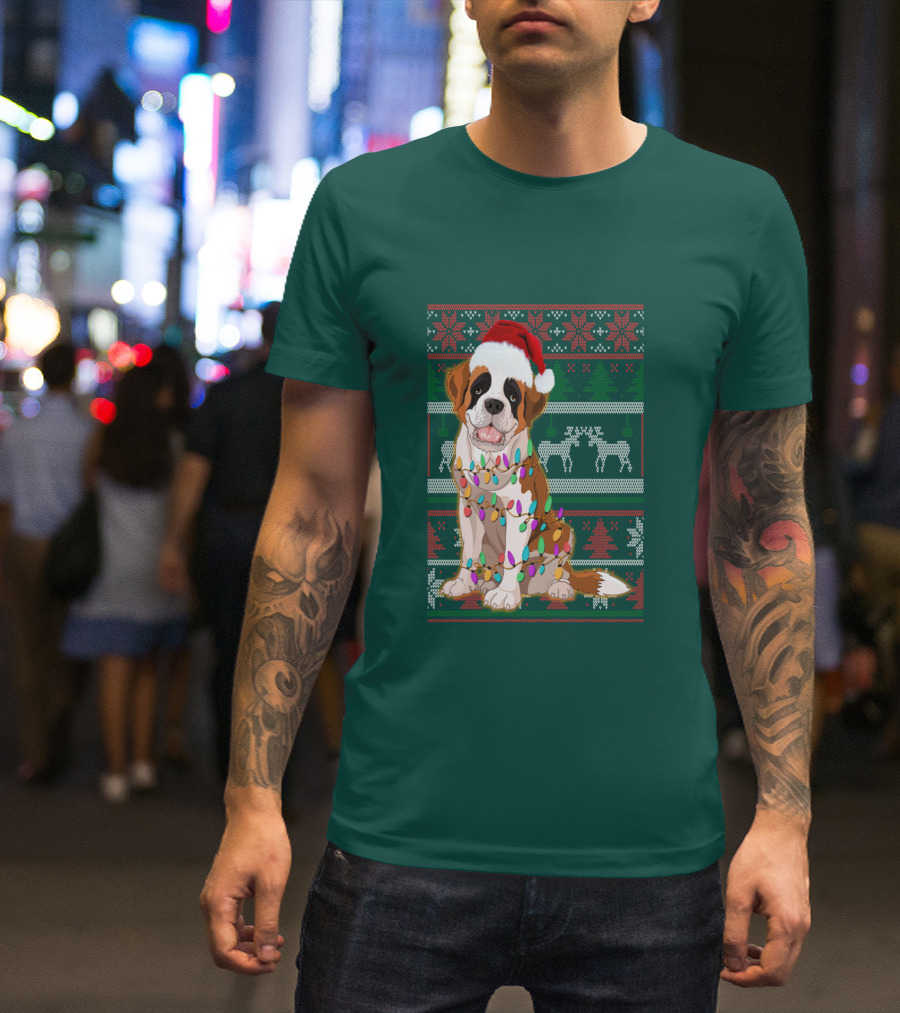 St Bernard Christmas Lights Ugly T-Shirt