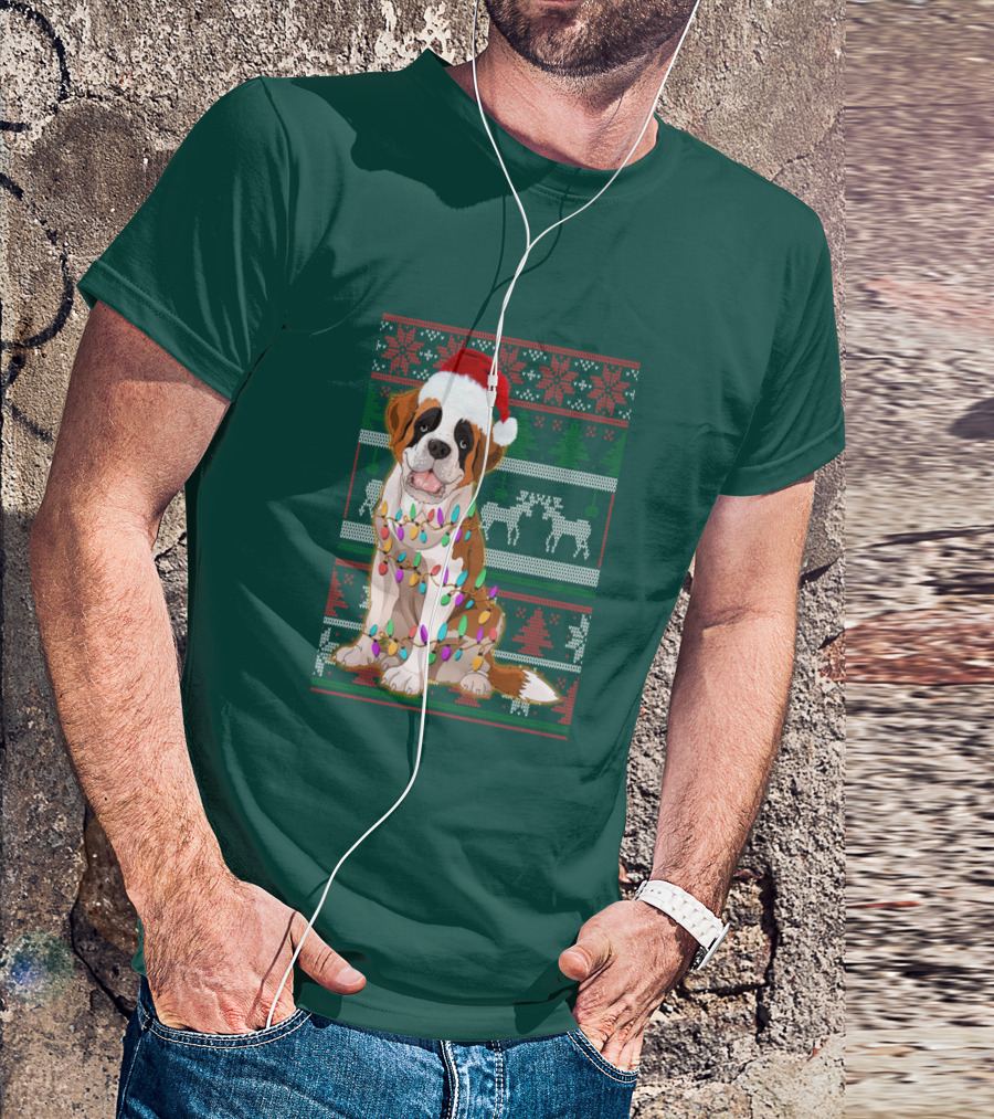 St Bernard Christmas Lights Ugly T-Shirt