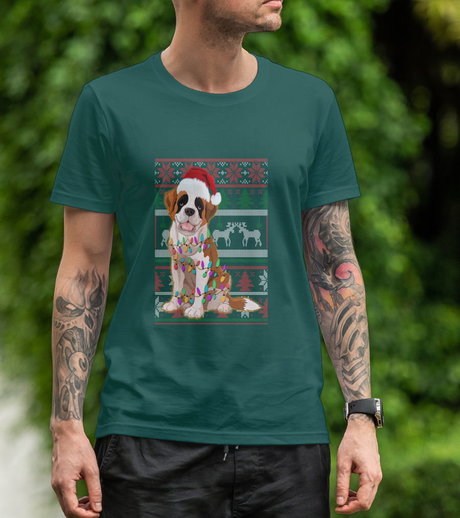 St Bernard Christmas Lights Ugly T-Shirt