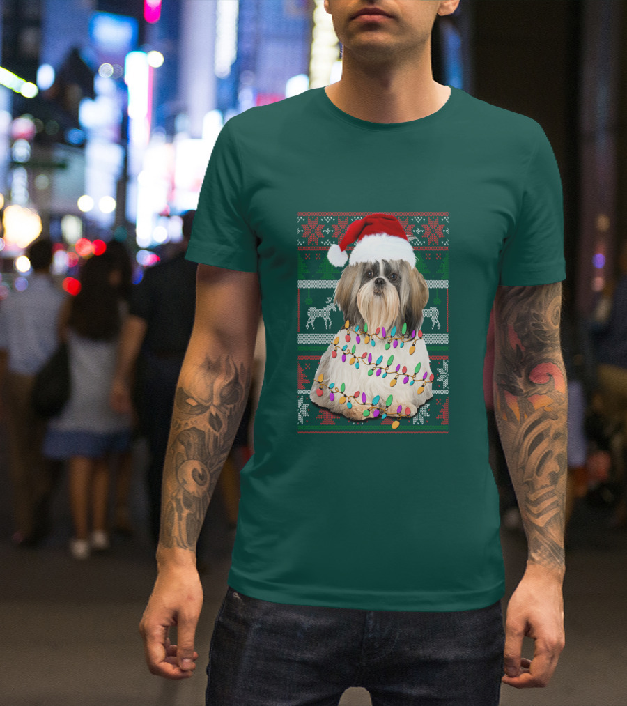 Shih Tzu Christmas Lights Santa Hat Holiday T-Shirt