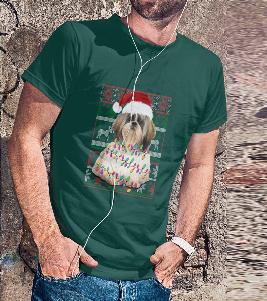Shih Tzu Christmas Lights Santa Hat Holiday T-Shirt