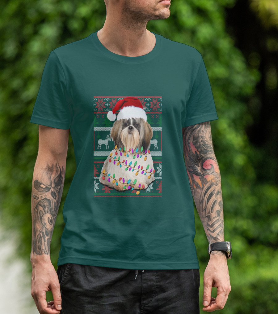 Shih Tzu Christmas Lights Santa Hat Holiday T-Shirt