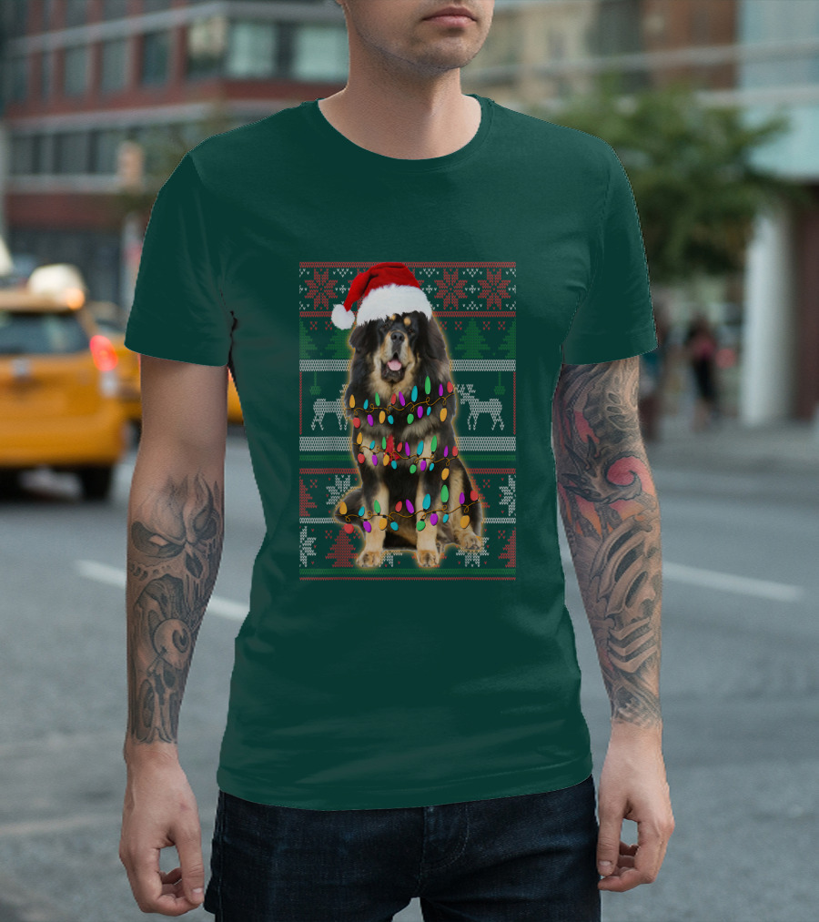 Tibetan Mastiff Christmas Sweater With Lights And Santa Hat T-Shirt