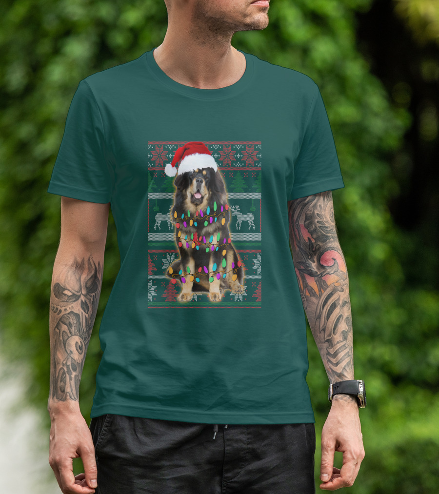 Tibetan Mastiff Christmas Sweater With Lights And Santa Hat T-Shirt