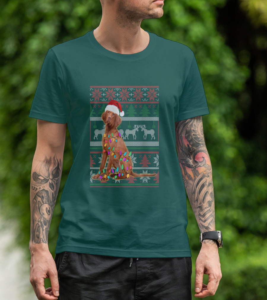 Vizsla Christmas Lights Santa Hat Ugly T-Shirt