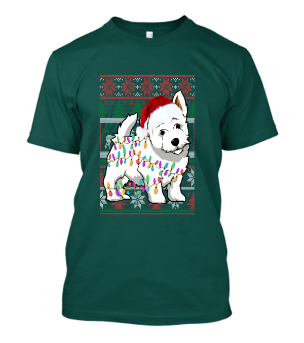 West Highland White Terrier Christmas Lights Ugly Sweater Santa Hat T-Shirt