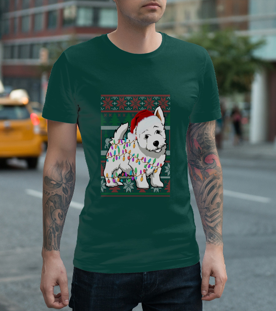 West Highland White Terrier Christmas Lights Ugly Sweater Santa Hat T-Shirt