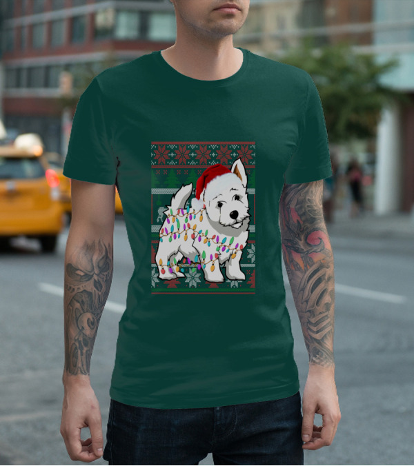 West Highland White Terrier Christmas Lights Ugly Sweater Santa Hat T-Shirt