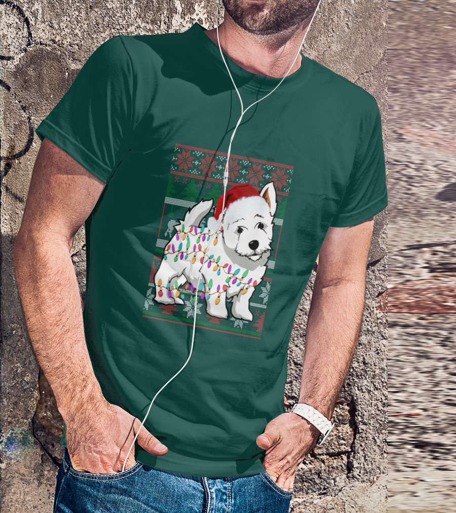 West Highland White Terrier Christmas Lights Ugly Sweater Santa Hat T-Shirt