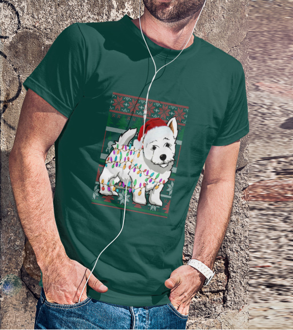 West Highland White Terrier Christmas Lights Ugly Sweater Santa Hat T-Shirt