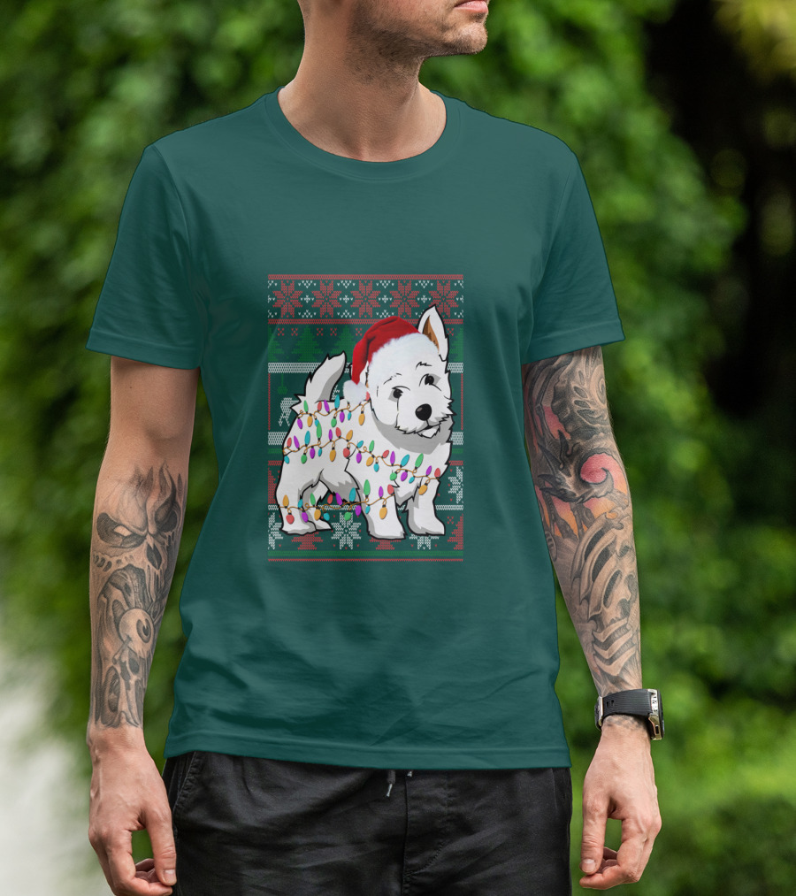 West Highland White Terrier Christmas Lights Ugly Sweater Santa Hat T-Shirt