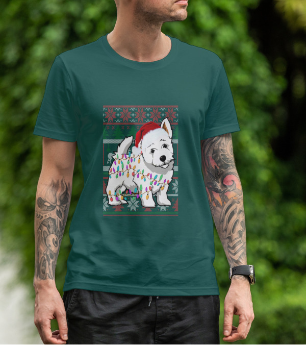 West Highland White Terrier Christmas Lights Ugly Sweater Santa Hat T-Shirt
