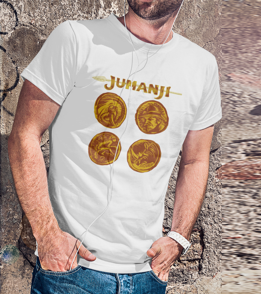 Jumanji Character Portrait Coins And Spear Sketch T-Shirt