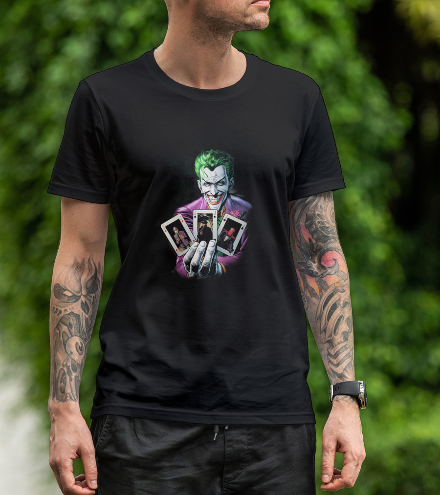 Joker Holding Batman And Red Hood Playing Cards 3 Of A Kind T-Shirt