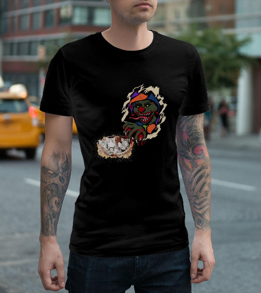 Creepy Joker Clown and Adorable Kittens Popping Out of Torn Hole T-Shirt