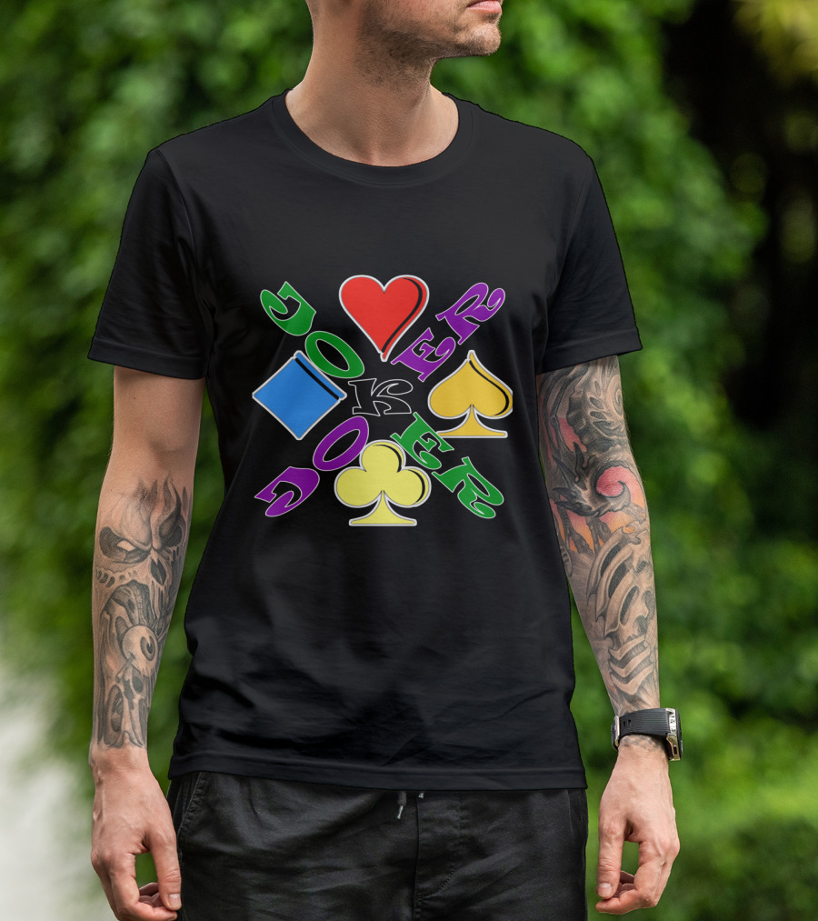 Rainbow Colored Joker Heart Spade Club Diamond Playing Cards T-Shirt