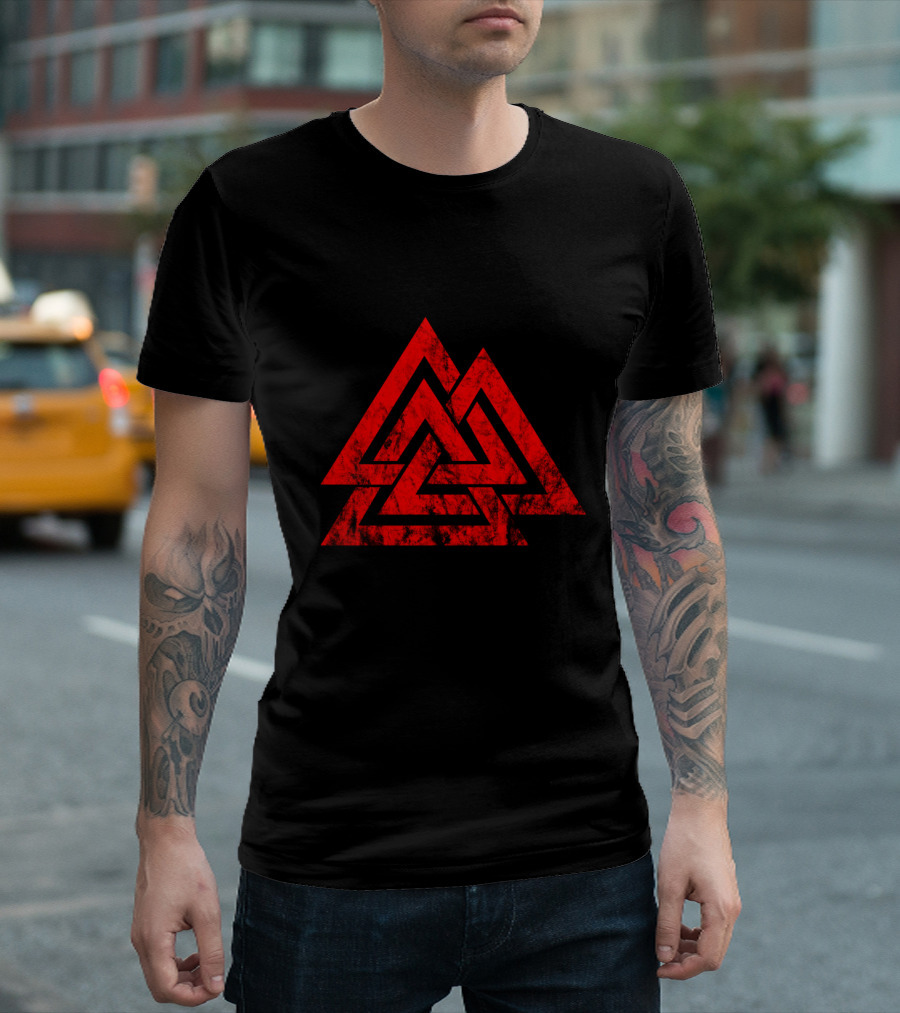 Valknut Symbol Nordic Viking Odin Sign Wicca Red Triangles T-Shirt